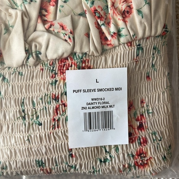 0306 - Puff Sleeve Smocked Midi Dress Dainty Floral Almond Milk - Picture 5 of 6